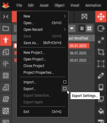 Export Settings Main Menu